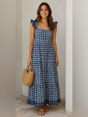 Shabby Chic Blue Gingham Button-Front Maxi Dress with Lace Straps